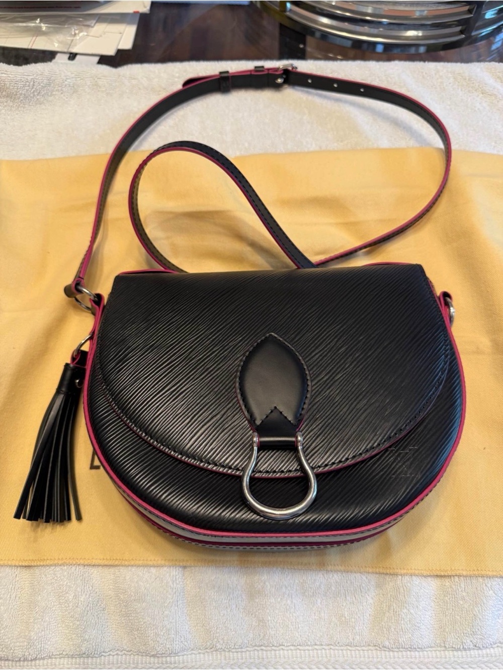 Black Crossbody Bag with Pink Trim and Tassel